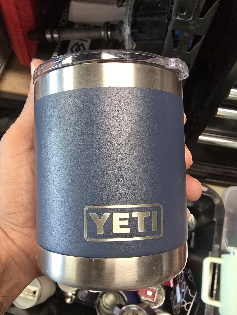 Yeti Rambler Navy Blue Lowball with Stainless Steel Accents